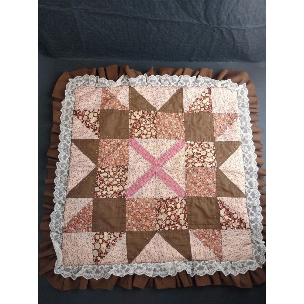 Vintage Quilt Pillow Cover Lace Ruffle Edging Brown Peach Floral for 14x14 inch